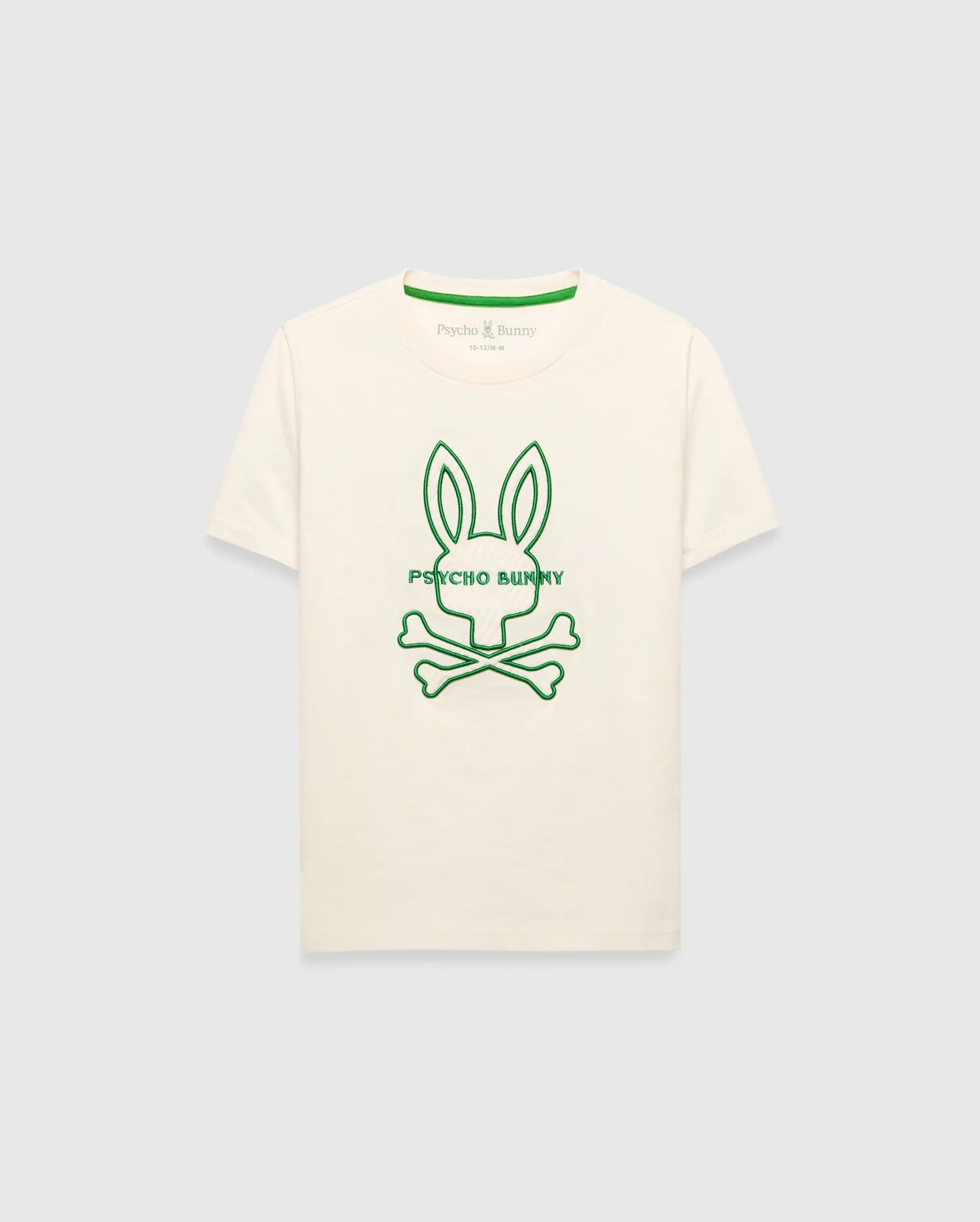 Kids Craig Graphic Tee, a cream classic fit smooth jersey t-shirt featuring a large green outline Psycho Bunny skull logo centered on the chest and green neck tape. (1)