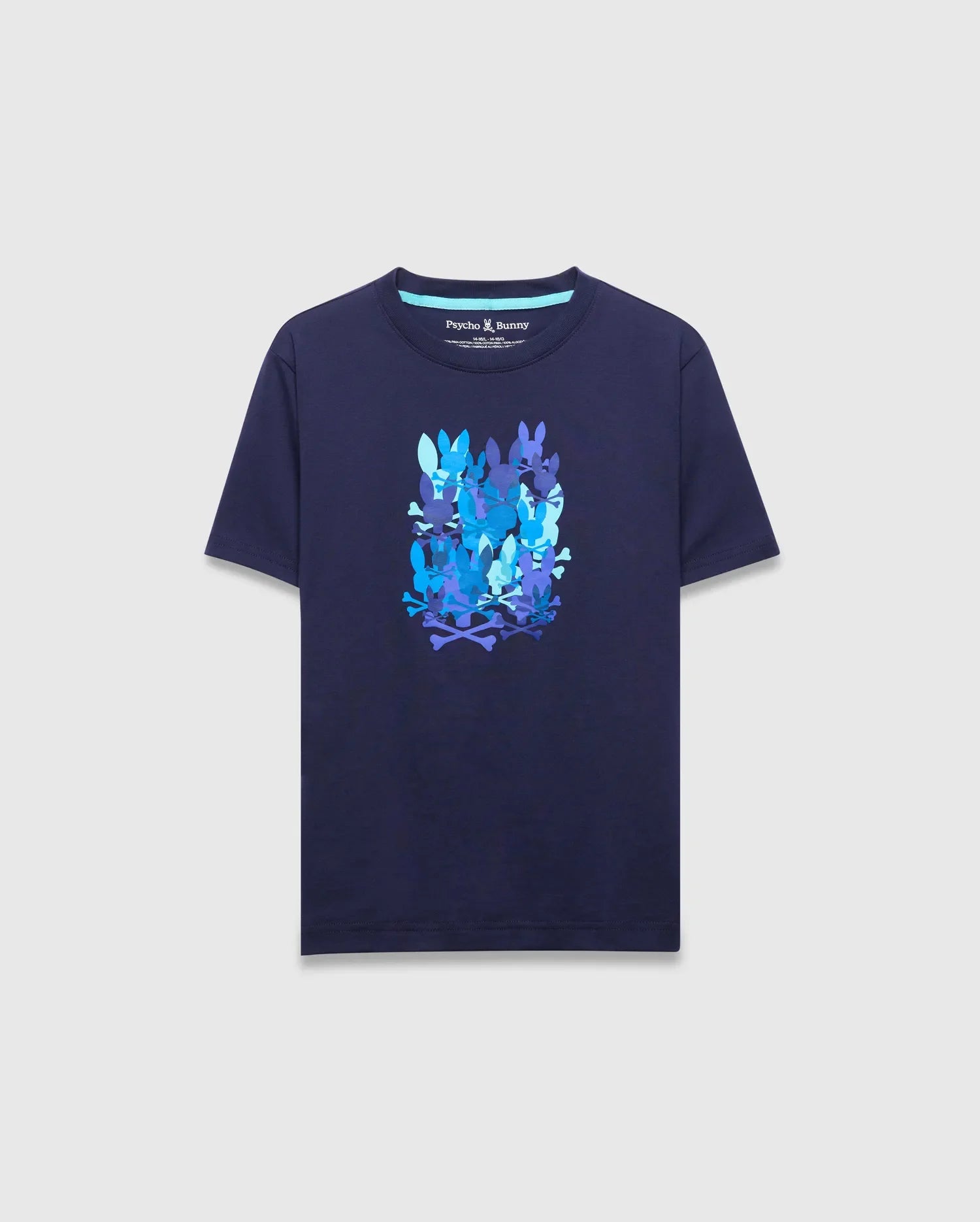 Navy classic fit jersey T-shirt featuring a large blue and purple stacked Psycho Bunny skull and crossbones graphic on the chest. Kids Tanner Graphic Tee.
