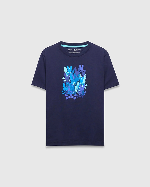 Navy classic fit jersey T-shirt featuring a large blue and purple stacked Psycho Bunny skull and crossbones graphic on the chest. Kids Tanner Graphic Tee.