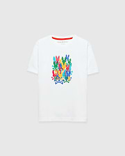 Kids Tanner Graphic Tee, white classic fit jersey knit featuring a vibrant, stacked multicolor Psycho Bunny skull and crossbones graphic print on the chest, with a small inner collar logo and red stripe.