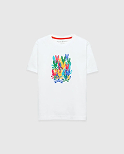 Kids Tanner Graphic Tee, white classic fit jersey knit featuring a vibrant, stacked multicolor Psycho Bunny skull and crossbones graphic print on the chest, with a small inner collar logo and red stripe.