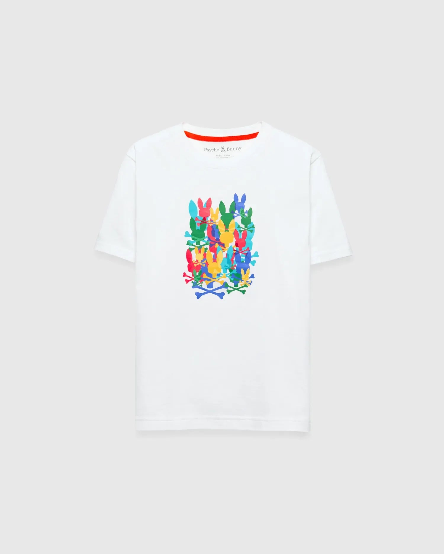 Kids Tanner Graphic Tee, white classic fit jersey knit featuring a vibrant, stacked multicolor Psycho Bunny skull and crossbones graphic print on the chest, with a small inner collar logo and red stripe.
