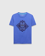 Kids Tobias Graphic Tee, royal blue classic fit jersey t-shirt featuring a large central dimensional dark blue Psycho Bunny skull logo graphic within a diamond, with light blue neck trim. (1)