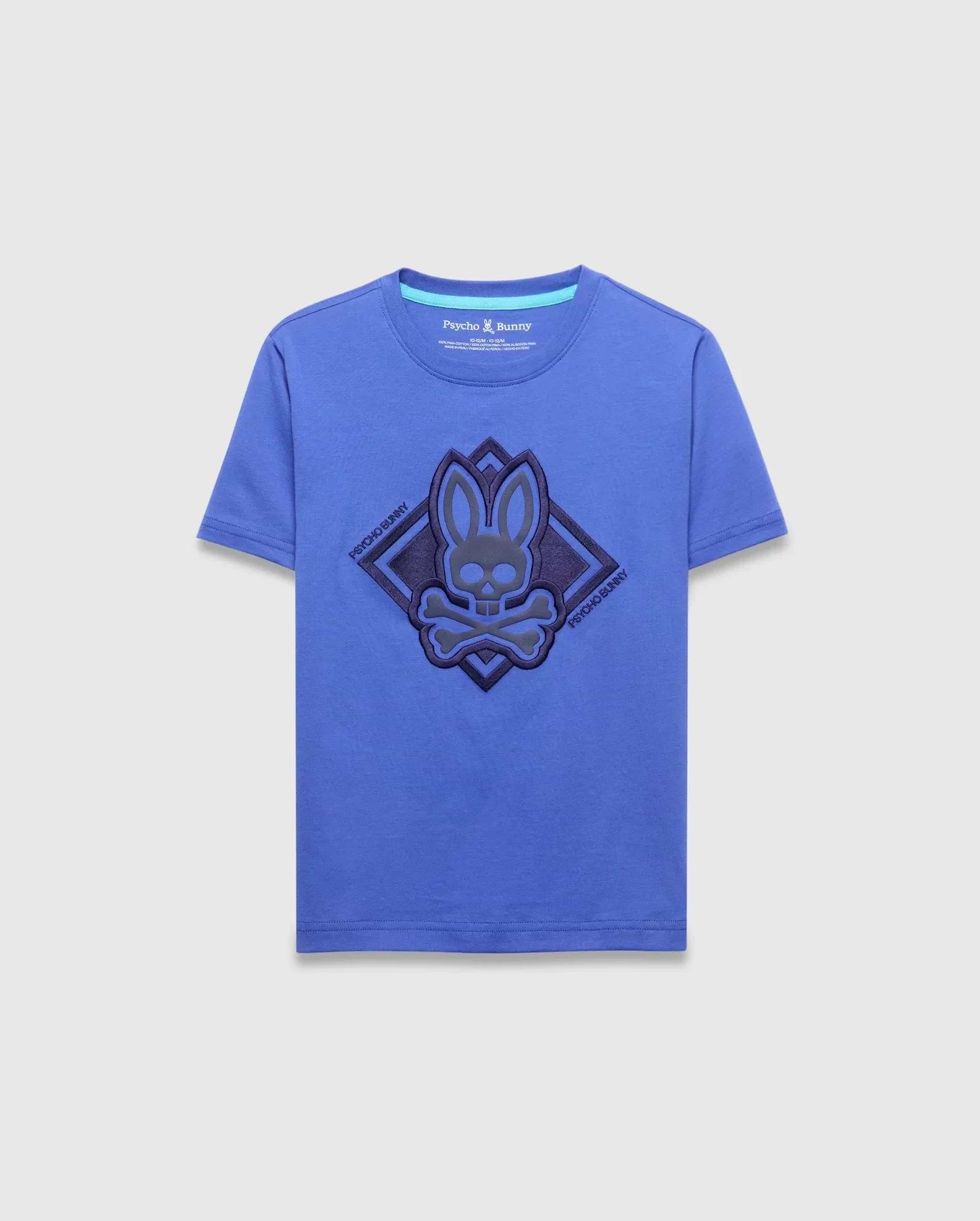 Kids Tobias Graphic Tee, royal blue classic fit jersey t-shirt featuring a large central dimensional dark blue Psycho Bunny skull logo graphic within a diamond, with light blue neck trim. (1)