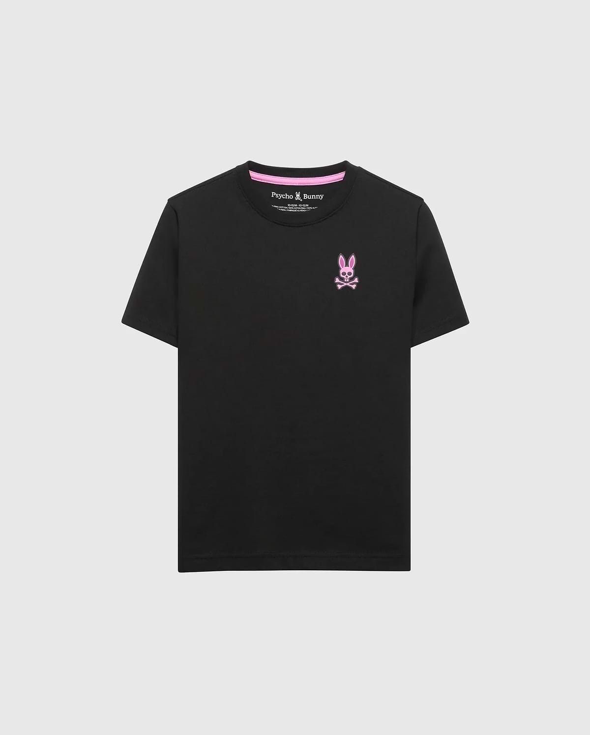 Kids Frank Back Graphic Tee, a black classic fit jersey t-shirt featuring a small pink embroidered Psycho Bunny skull logo on the left chest and pink inner neck tape.