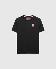 Kids Frank Back Graphic Tee, a black classic fit jersey t-shirt featuring a small pink embroidered Psycho Bunny skull logo on the left chest and pink inner neck tape.