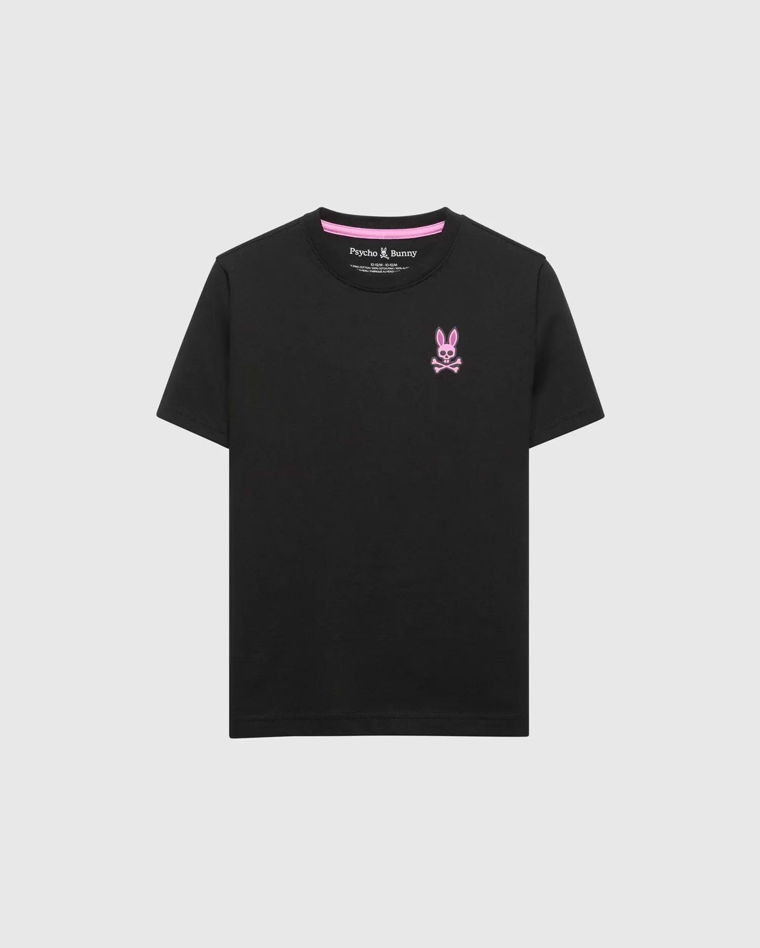 Kids Frank Back Graphic Tee, a black classic fit jersey t-shirt featuring a small pink embroidered Psycho Bunny skull logo on the left chest and pink inner neck tape.