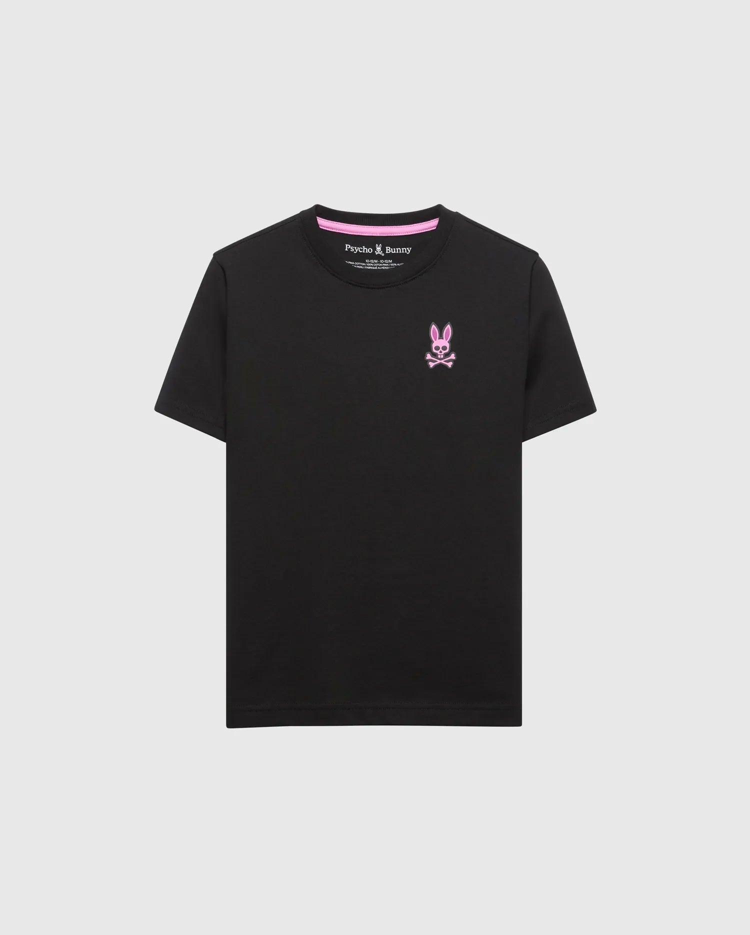 Kids Frank Back Graphic Tee, a black classic fit jersey t-shirt featuring a small pink embroidered Psycho Bunny skull logo on the left chest and pink inner neck tape.