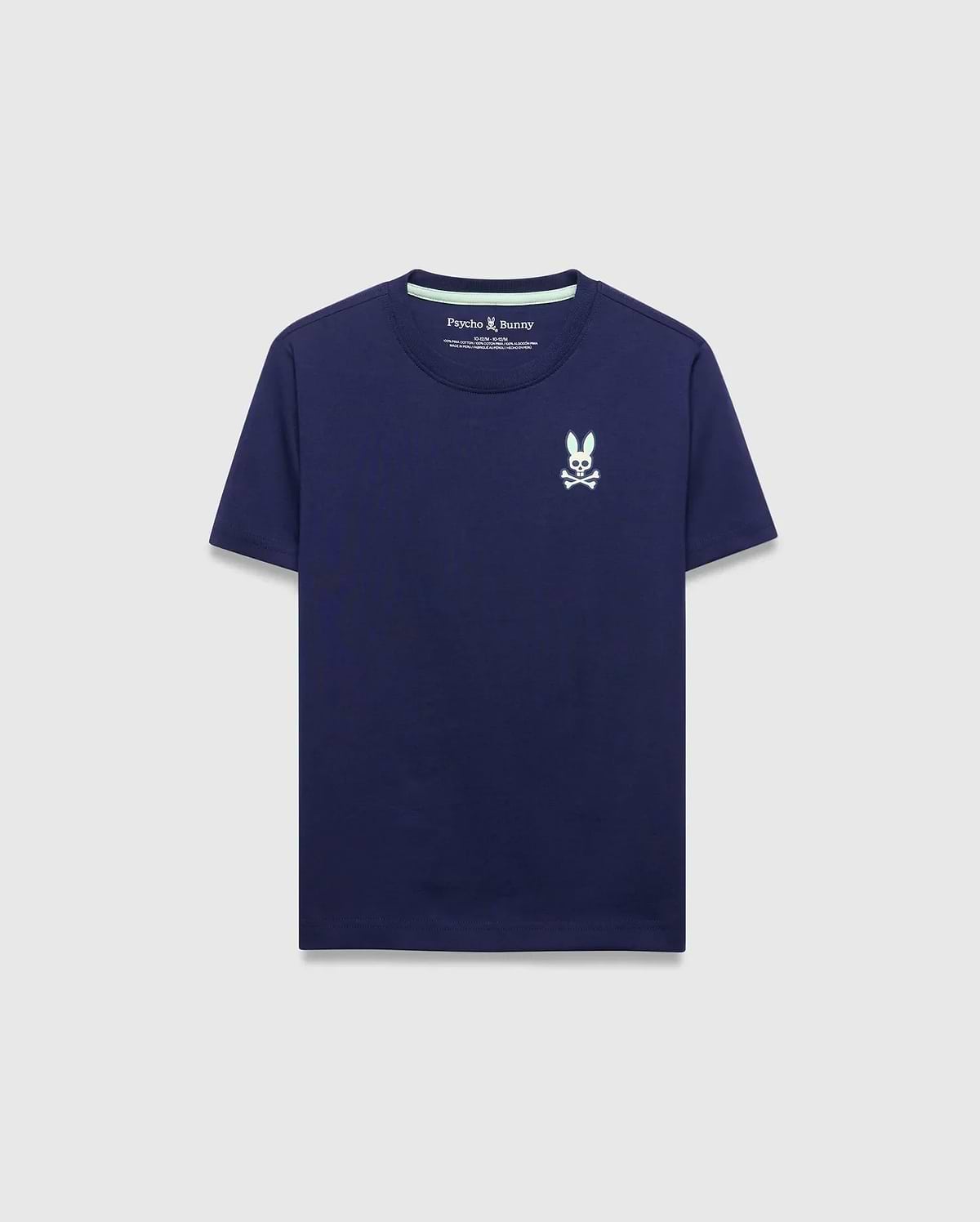 Kids Frank Back Graphic Tee, a classic fit navy blue jersey knit t-shirt with a small mint green embroidered Psycho Bunny skull logo on the left chest and matching inner neck tape. (3)