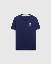 Kids Frank Back Graphic Tee, a classic fit navy blue jersey knit t-shirt with a small mint green embroidered Psycho Bunny skull logo on the left chest and matching inner neck tape. (3)