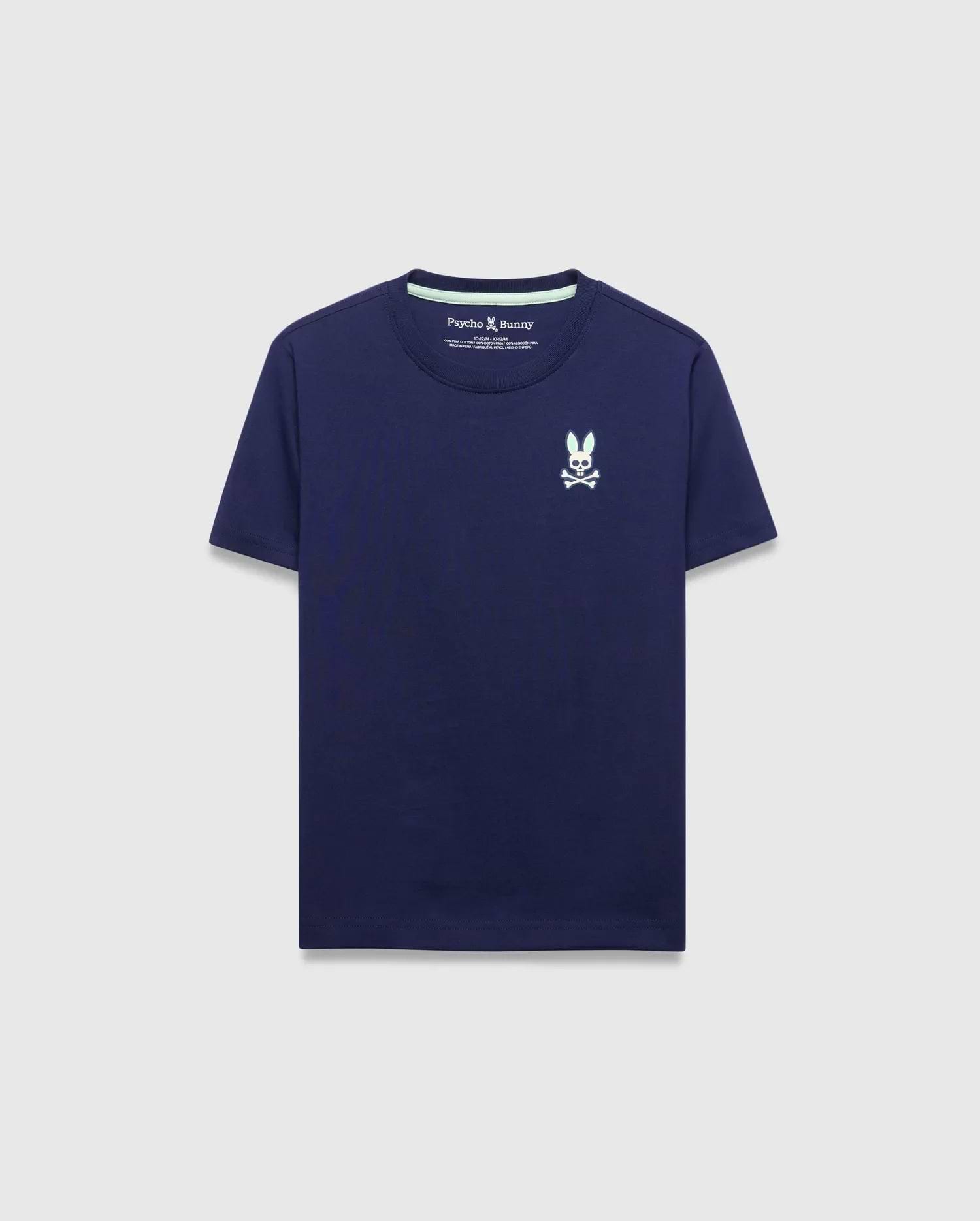 Kids Frank Back Graphic Tee, a classic fit navy blue jersey knit t-shirt with a small mint green embroidered Psycho Bunny skull logo on the left chest and matching inner neck tape. (3)