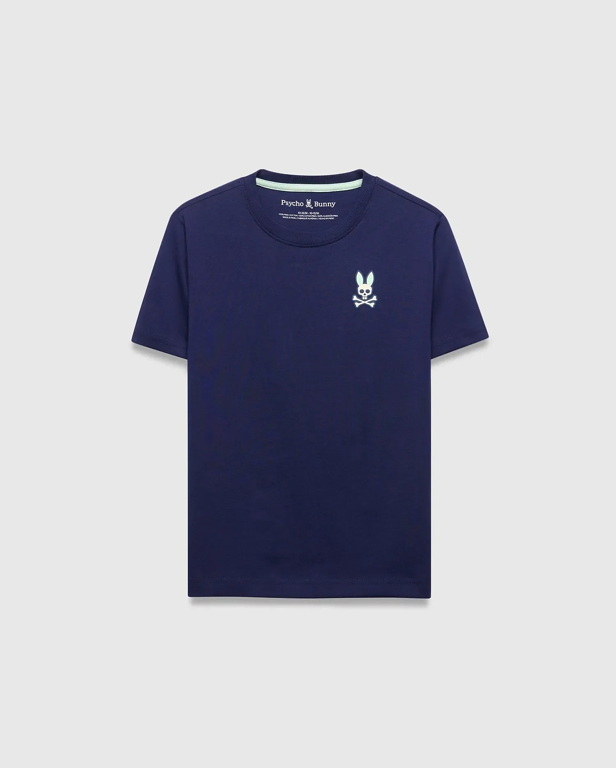 Kids Frank Back Graphic Tee, a classic fit navy blue jersey knit t-shirt with a small mint green embroidered Psycho Bunny skull logo on the left chest and matching inner neck tape. (3)