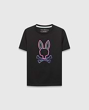 Kids Dayton Graphic Tee, black classic fit jersey t-shirt with a large, centered, neon pink, blue, and purple outline Psycho Bunny skull logo.