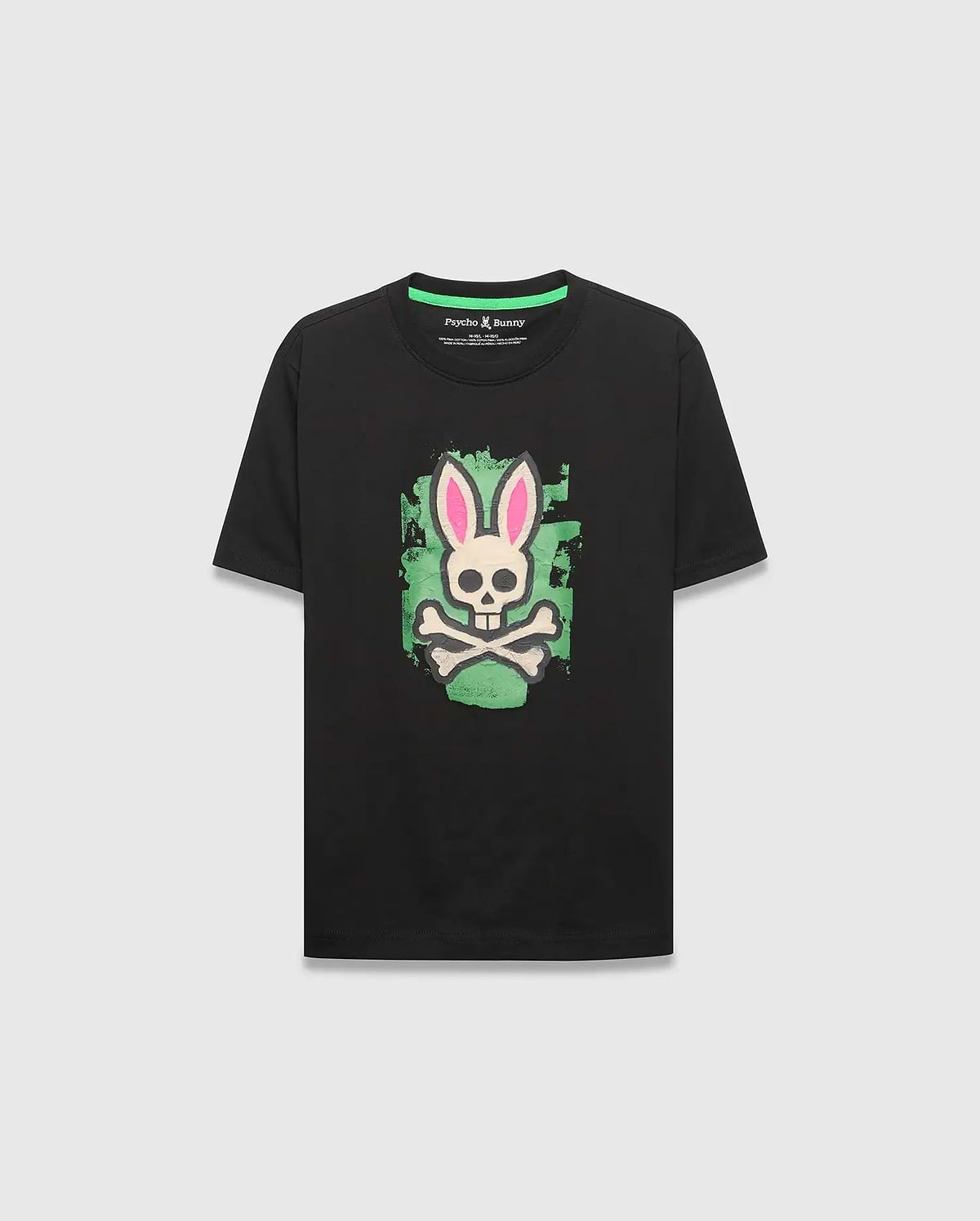 Kids Marcus Bunny Graphic Tee, a black classic fit jersey t-shirt featuring a large distressed neon green and pink Psycho Bunny skull graphic on the chest, with a green inner collar trim.