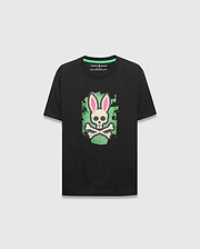 Kids Marcus Bunny Graphic Tee, a black classic fit jersey t-shirt featuring a large distressed neon green and pink Psycho Bunny skull graphic on the chest, with a green inner collar trim.