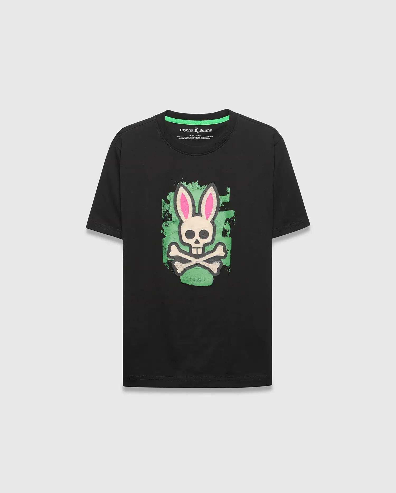 Kids Marcus Bunny Graphic Tee, a black classic fit jersey t-shirt featuring a large distressed neon green and pink Psycho Bunny skull graphic on the chest, with a green inner collar trim.