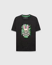 Kids Marcus Bunny Graphic Tee, a black classic fit jersey t-shirt featuring a large distressed neon green and pink Psycho Bunny skull graphic on the chest, with a green inner collar trim.