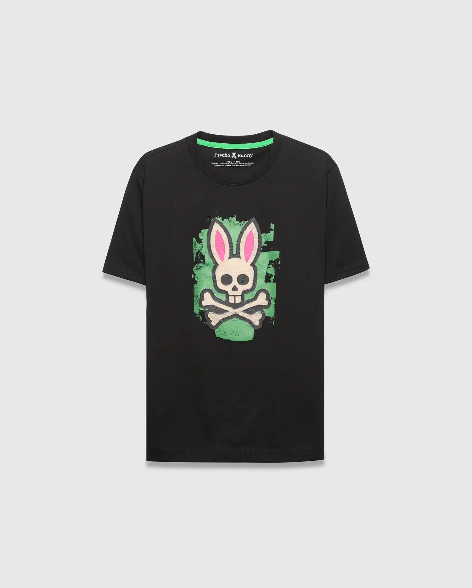 Kids Marcus Bunny Graphic Tee, a black classic fit jersey t-shirt featuring a large distressed neon green and pink Psycho Bunny skull graphic on the chest, with a green inner collar trim.