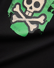 Black Kids Marcus Bunny Graphic Tee, classic fit jersey knit, featuring a large, textured beige and black bunny skull and crossbones graphic on a vibrant distressed green background.