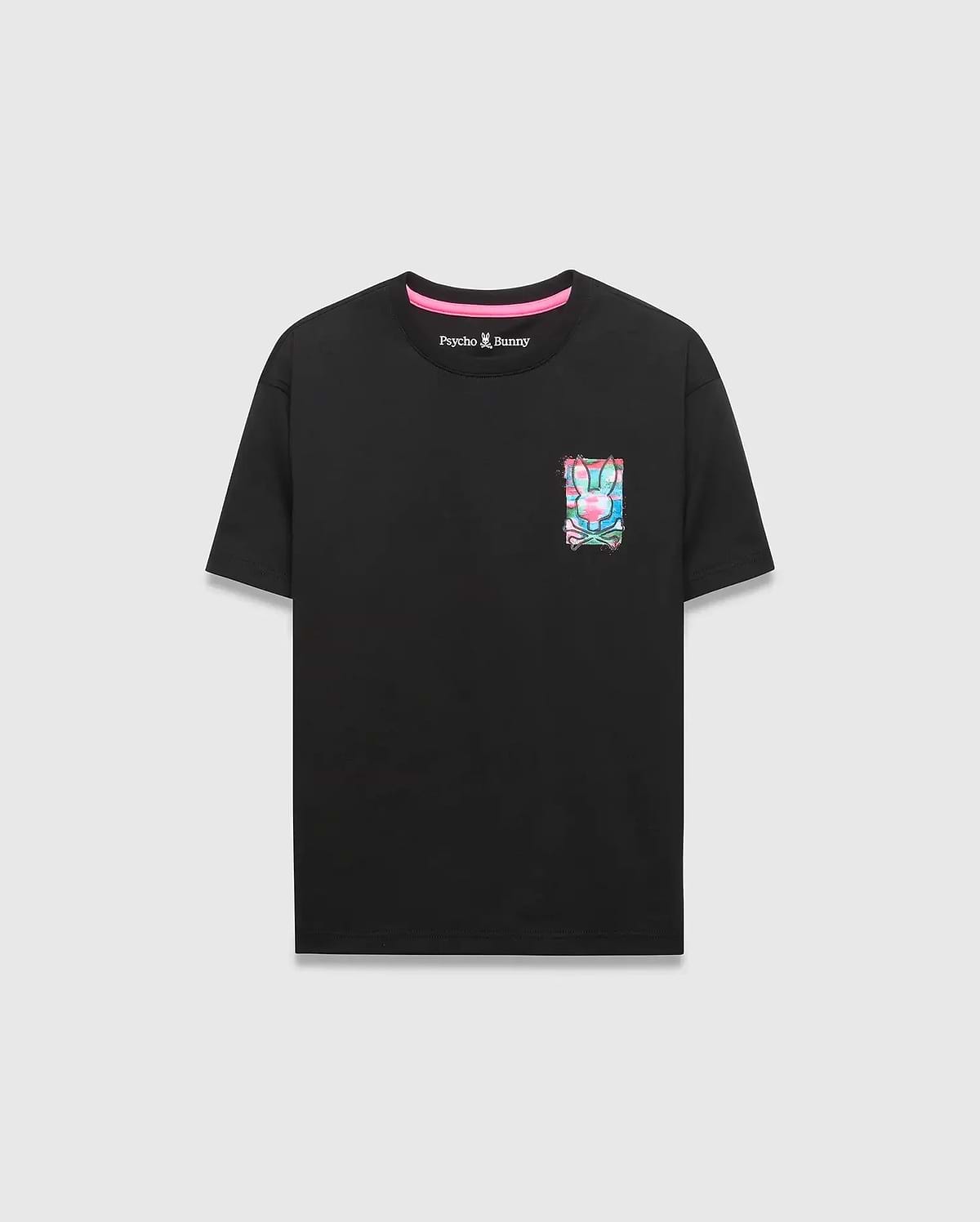 Kids Isaac Relaxed Fit Tee in black jersey, featuring a pink inner neckline, small embroidered Psycho Bunny logo on left chest, and a large vibrant multi-color bunny skull graphic on right chest.