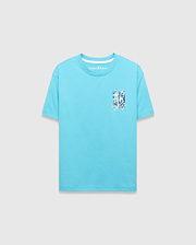 Kids Isaac Relaxed Fit Tee in aqua jersey, featuring a small Psycho Bunny text logo on the back neck and a chest pocket with a distressed bunny skull graphic print.