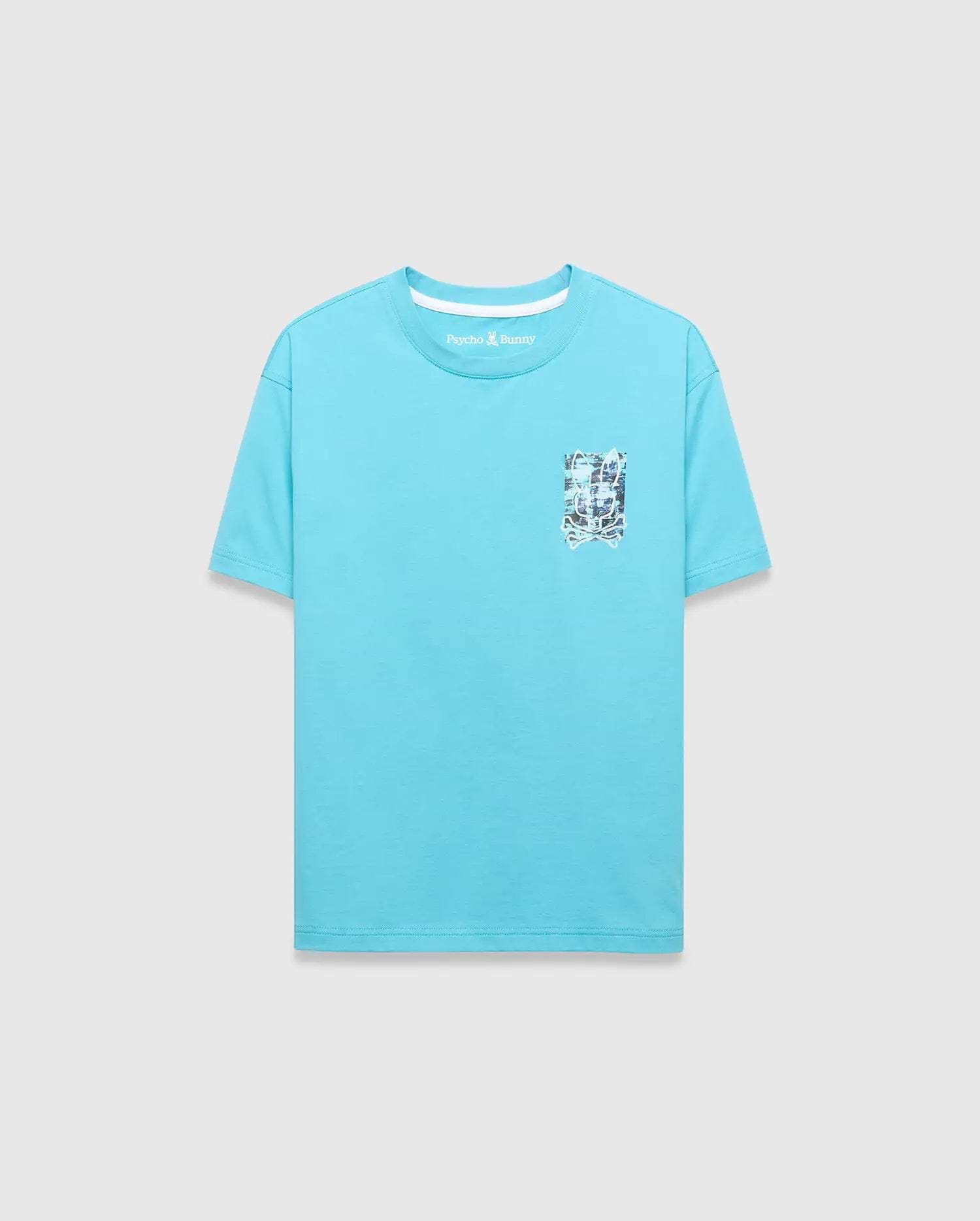 Kids Isaac Relaxed Fit Tee in aqua jersey, featuring a small Psycho Bunny text logo on the back neck and a chest pocket with a distressed bunny skull graphic print.