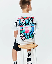 Kids Isaac Relaxed Fit Tee, white jersey t-shirt with a large back graphic featuring the Psycho Bunny skull and crossbones over a vibrant multi-color paint-splatter design and black script logo.