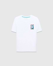 Kids Isaac Relaxed Fit Tee in crisp white jersey, featuring a vibrant, small graphic Psycho Bunny skull and crossbones logo print on the left chest with pink, blue, and green accents.