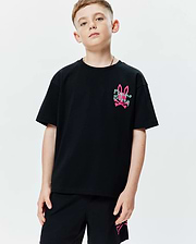Kids Duncan Relaxed Fit Tee in black jersey knit, featuring a small graphic print of the pink bunny skull logo with green Psycho Bunny text on the left chest.