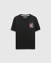 Kids Duncan Relaxed Fit Tee, black ribbed jersey, relaxed fit, with a vibrant pink and green Psycho Bunny skull logo and text graphic on the left chest.