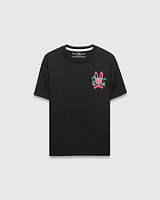 Kids Duncan Relaxed Fit Tee, black ribbed jersey, relaxed fit, with a vibrant pink and green Psycho Bunny skull logo and text graphic on the left chest.