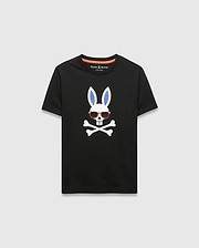 Black Kids Sunny Graphic Tee, classic fit, smooth jersey, featuring a large white Psycho Bunny skull with blue ears, red sunglasses, and crossbones graphic print on the chest, with orange neck tape.