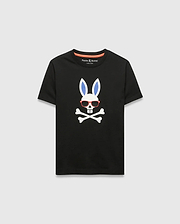 Black Kids Sunny Graphic Tee, classic fit, smooth jersey, featuring a large white Psycho Bunny skull with blue ears, red sunglasses, and crossbones graphic print on the chest, with orange neck tape.
