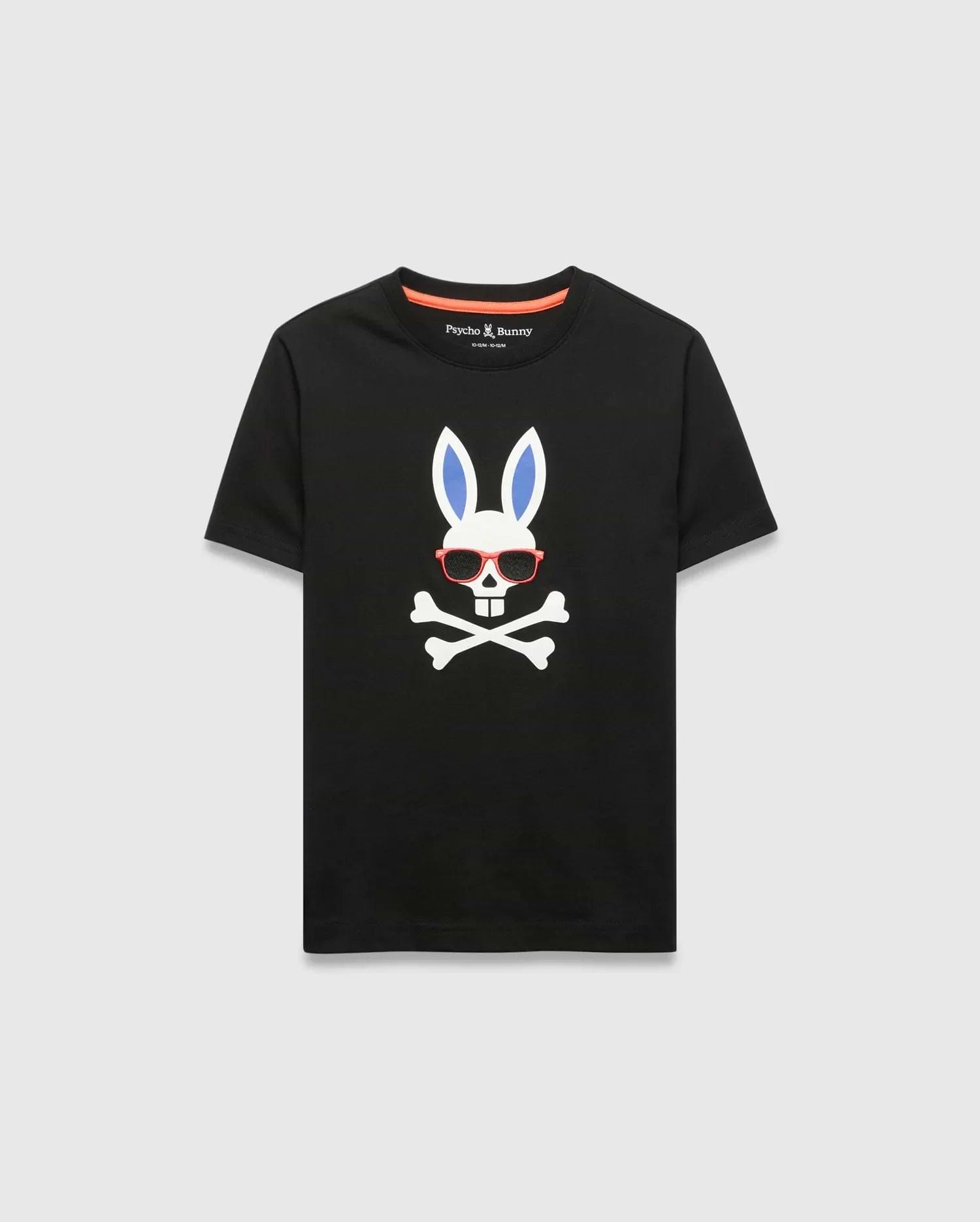 Black Kids Sunny Graphic Tee, classic fit, smooth jersey, featuring a large white Psycho Bunny skull with blue ears, red sunglasses, and crossbones graphic print on the chest, with orange neck tape.