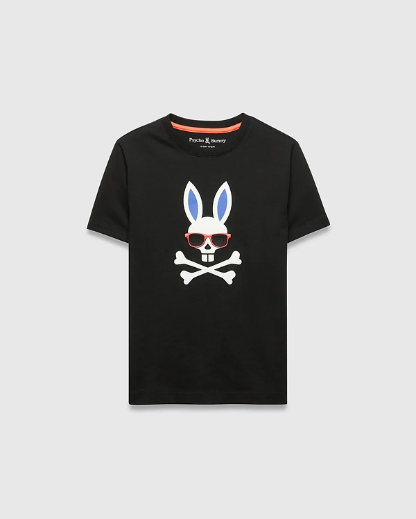 Black Kids Sunny Graphic Tee, classic fit, smooth jersey, featuring a large white Psycho Bunny skull with blue ears, red sunglasses, and crossbones graphic print on the chest, with orange neck tape.
