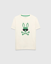Kids Sunny Graphic Tee, cream classic fit jersey t-shirt featuring a large green Psycho Bunny skull and crossbones graphic with dark sunglasses on the center chest and green inner neckline trim.