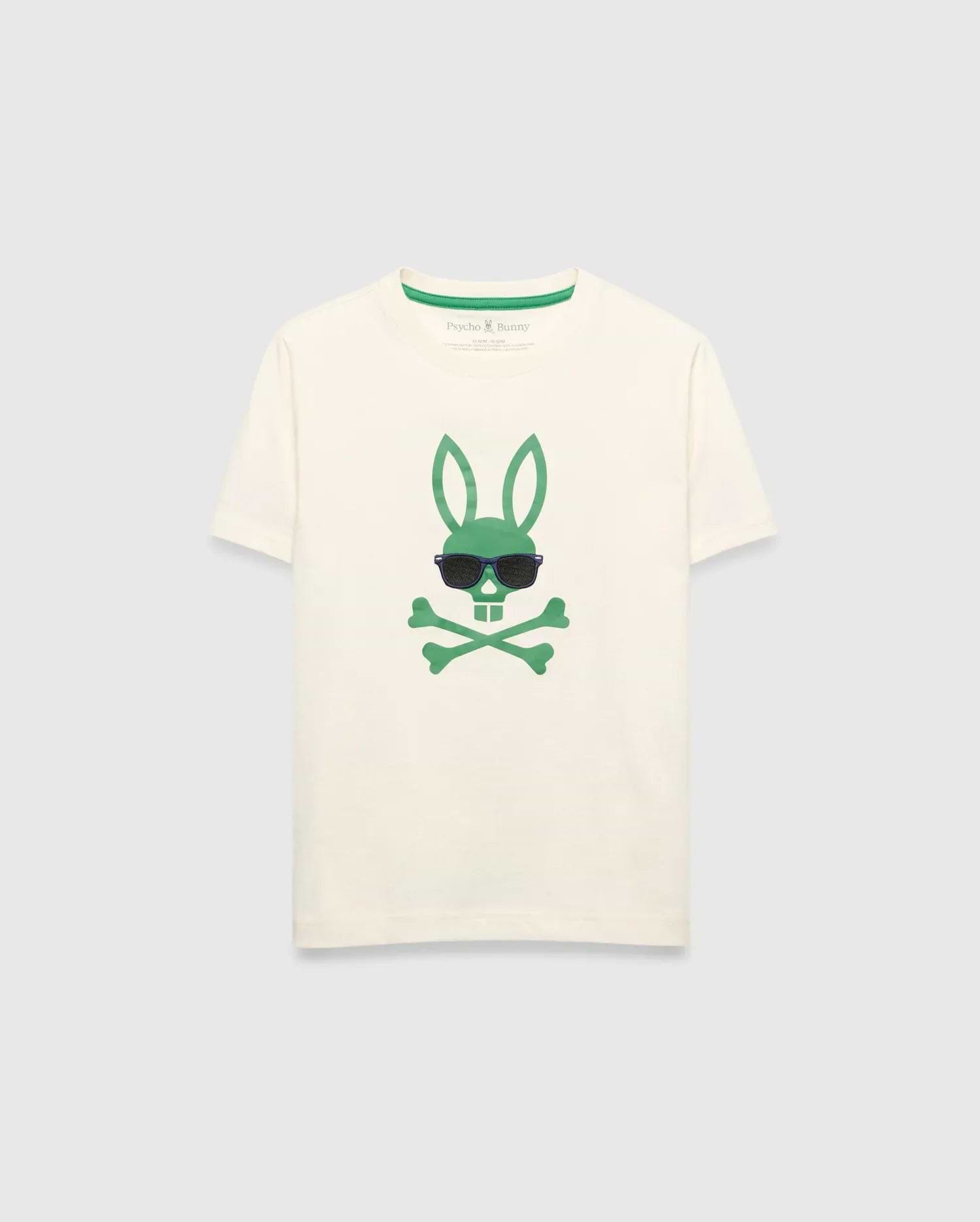 Kids Sunny Graphic Tee, cream classic fit jersey t-shirt featuring a large green Psycho Bunny skull and crossbones graphic with dark sunglasses on the center chest and green inner neckline trim.