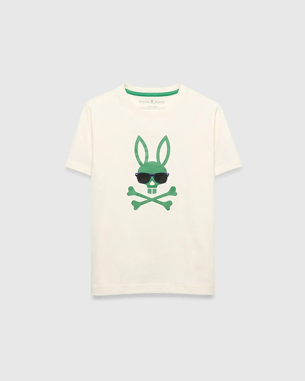 Kids Sunny Graphic Tee, cream classic fit jersey t-shirt featuring a large green Psycho Bunny skull and crossbones graphic with dark sunglasses on the center chest and green inner neckline trim.