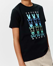 Kids Colt Graphic Tee, a black classic fit jersey t-shirt with a large central gradient blue-green-yellow Psycho Bunny skull and crossbones graphic, featuring PSYCHO text above and BUNNY text below.