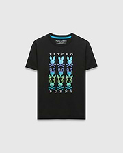 Kids Colt Graphic Tee, a black classic fit jersey t-shirt featuring a large central gradient blue-green-purple Psycho Bunny skull graphic print and text, with a light blue inner collar trim.