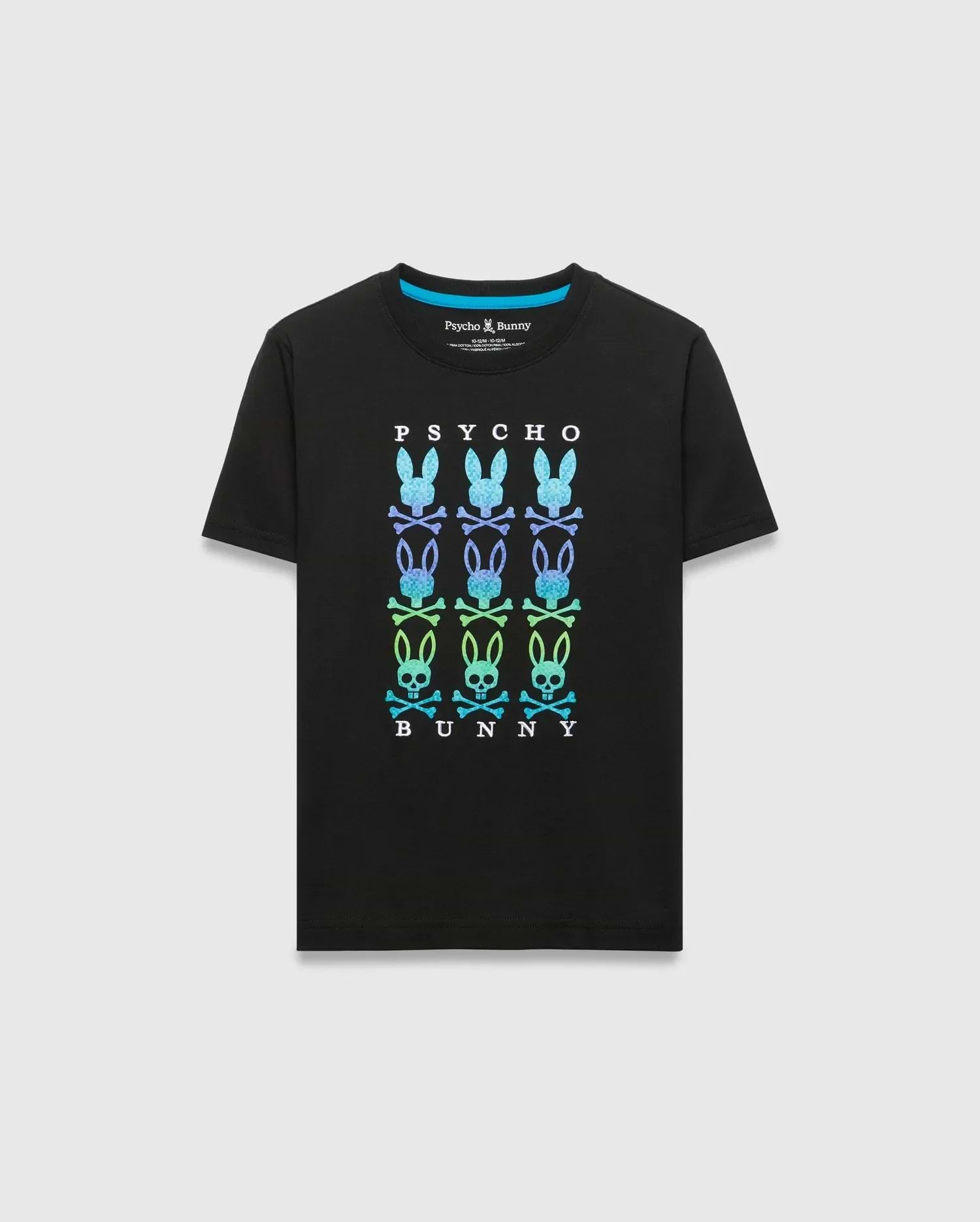 Kids Colt Graphic Tee, a black classic fit jersey t-shirt featuring a large central gradient blue-green-purple Psycho Bunny skull graphic print and text, with a light blue inner collar trim.