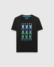 Kids Colt Graphic Tee, a black classic fit jersey t-shirt featuring a large central gradient blue-green-purple Psycho Bunny skull graphic print and text, with a light blue inner collar trim.