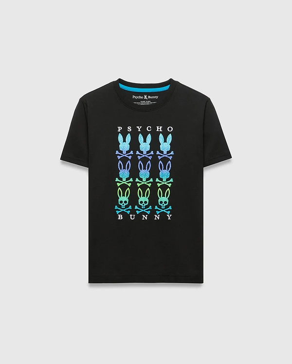 Kids Colt Graphic Tee, a black classic fit jersey t-shirt featuring a large central gradient blue-green-purple Psycho Bunny skull graphic print and text, with a light blue inner collar trim.