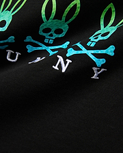 Kids Colt Graphic Tee, black jersey t-shirt with a large gradient green to blue bunny skull and crossbones graphic, featuring white embroidered BUNNY text.