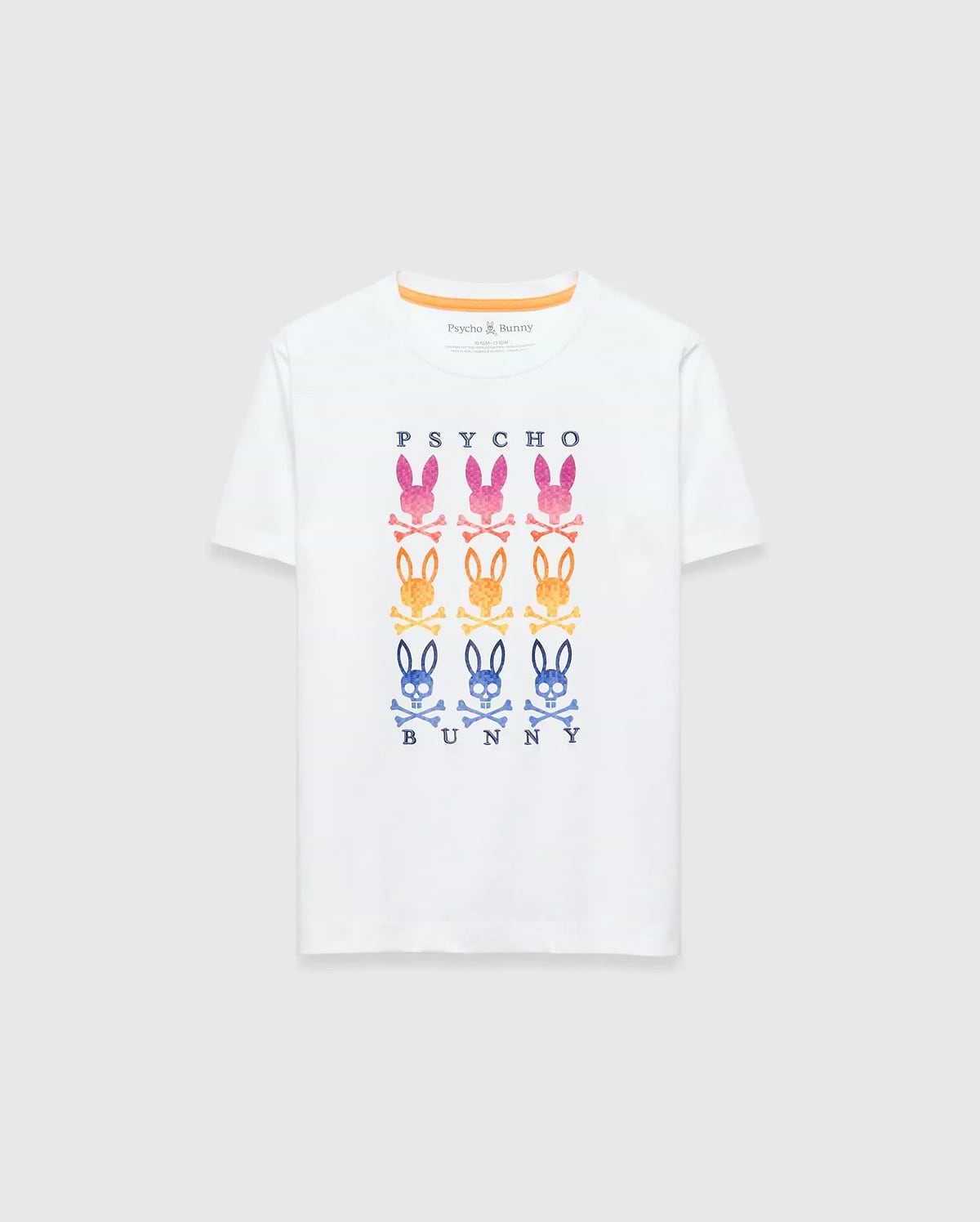 Kids Colt Graphic Tee, white classic fit jersey t-shirt featuring a large chest graphic of PSYCHO BUNNY text with rows of pink, orange, and blue gradient bunny skull logos, finished with an orange neck tape.