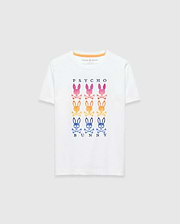 Kids Colt Graphic Tee, white classic fit jersey t-shirt featuring a large chest graphic of PSYCHO BUNNY text with rows of pink, orange, and blue gradient bunny skull logos, finished with an orange neck tape.