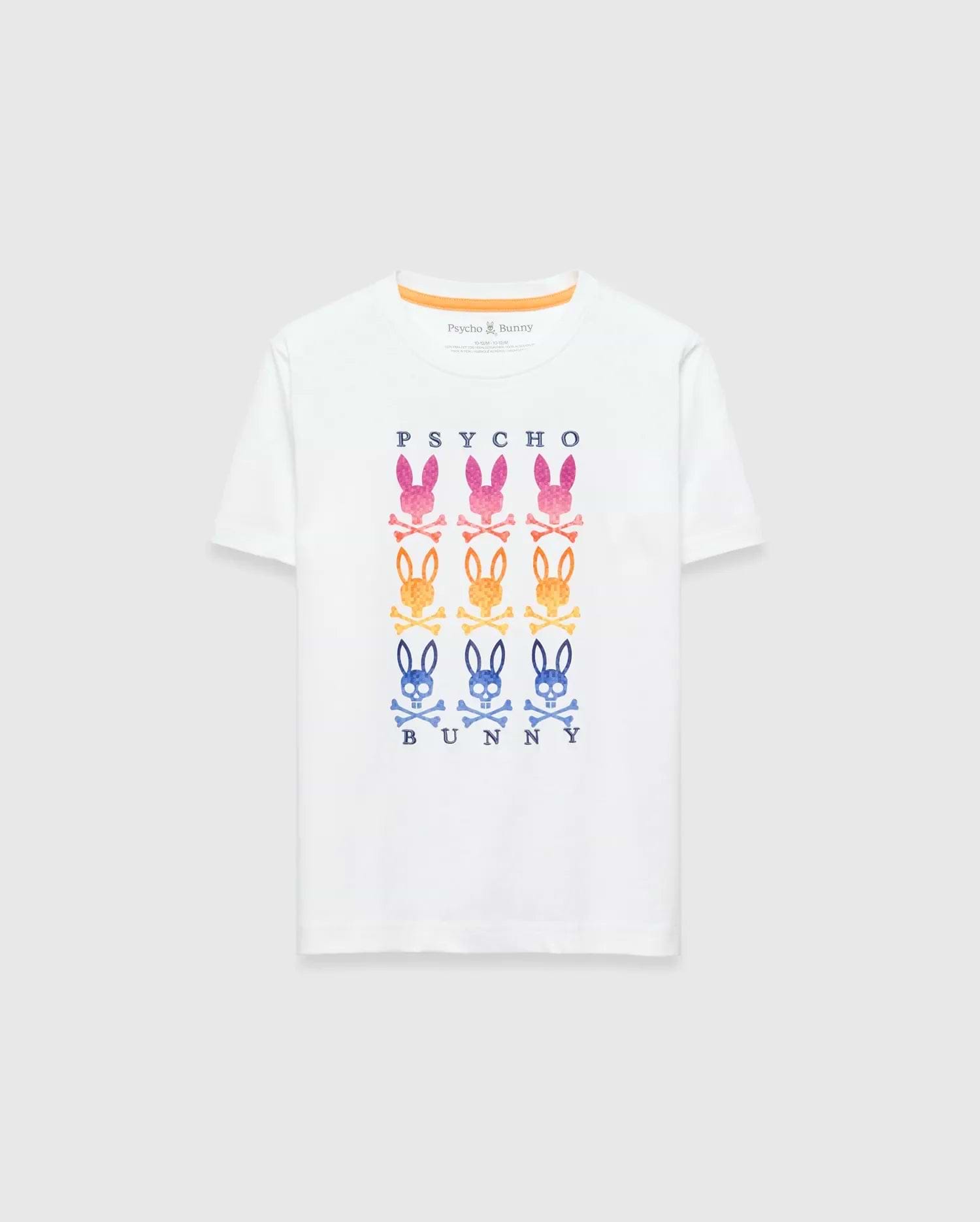 Kids Colt Graphic Tee, white classic fit jersey t-shirt featuring a large chest graphic of PSYCHO BUNNY text with rows of pink, orange, and blue gradient bunny skull logos, finished with an orange neck tape.