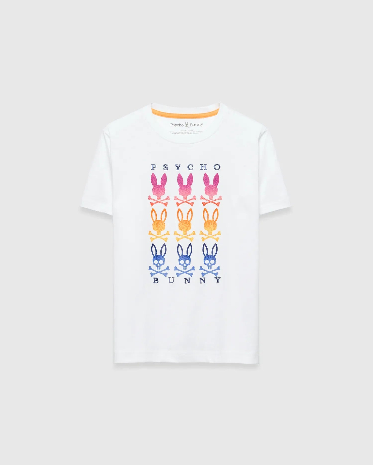 Kids Colt Graphic Tee, white classic fit jersey t-shirt featuring a large chest graphic of PSYCHO BUNNY text with rows of pink, orange, and blue gradient bunny skull logos, finished with an orange neck tape.