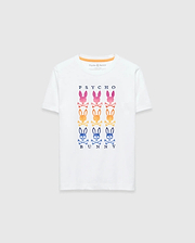 Kids Colt Graphic Tee, white classic fit jersey t-shirt featuring a large chest graphic of PSYCHO BUNNY text with rows of pink, orange, and blue gradient bunny skull logos, finished with an orange neck tape.