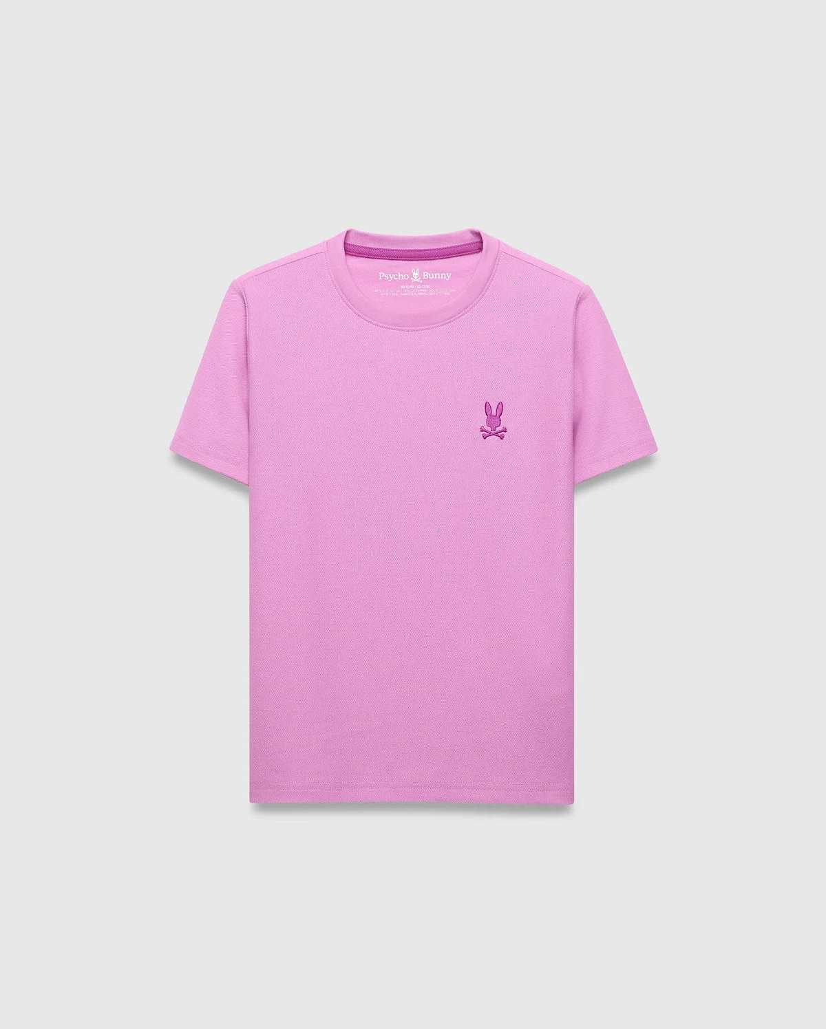 Kids Taylor Pique Tee, vibrant pink classic fit pique knit with a small embroidered darker magenta Psycho Bunny skull logo on the left chest and matching inner neck tape.